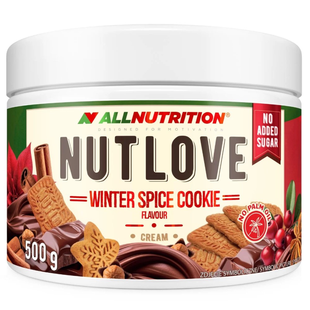 Allnutrition NUTLOVE 500g Winter Spice Cookie hazelnut spread in a festive-themed jar with winter spice cookie graphics.
