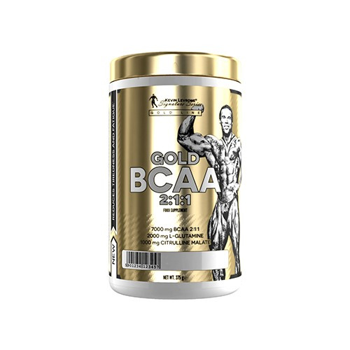 Kevin Levrone Gold BCAA 2:1:1 375g amino acid supplement with 7000 mg BCAA, 2000 mg L-glutamine, and 1000 mg citrulline malate in a gold and white tub.