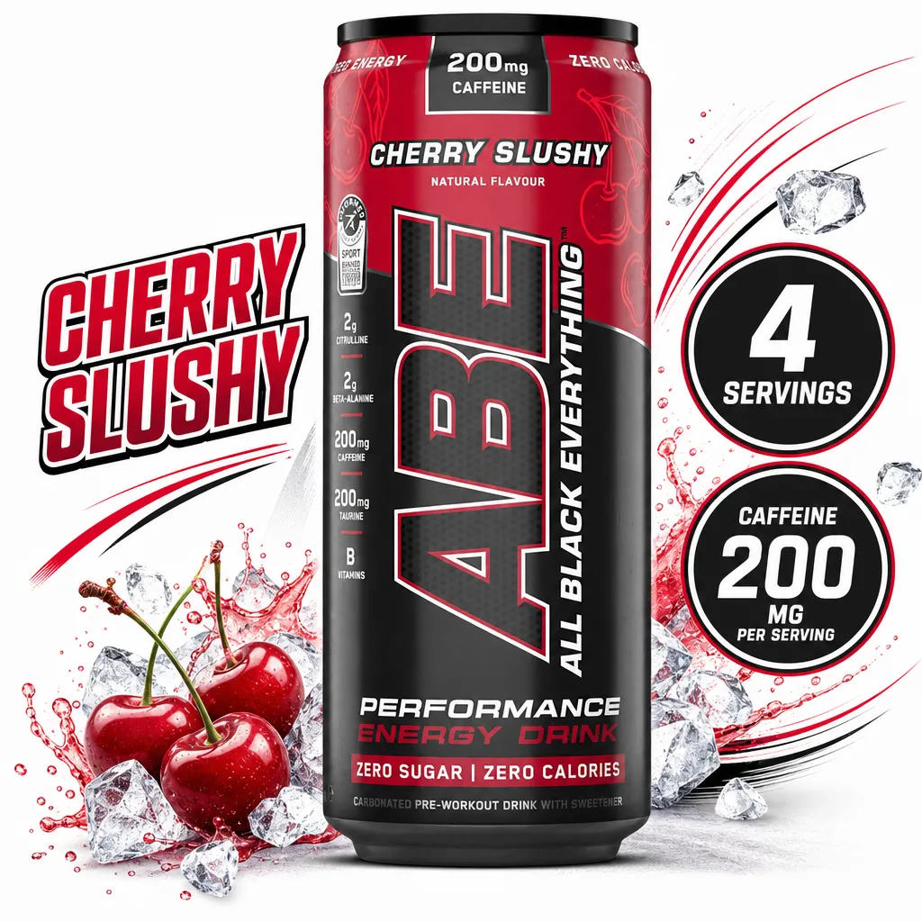 Applied Nutrition ABE Cherry Slushie energy drink, 330ml can with cherry flavour, zero sugar and zero calories