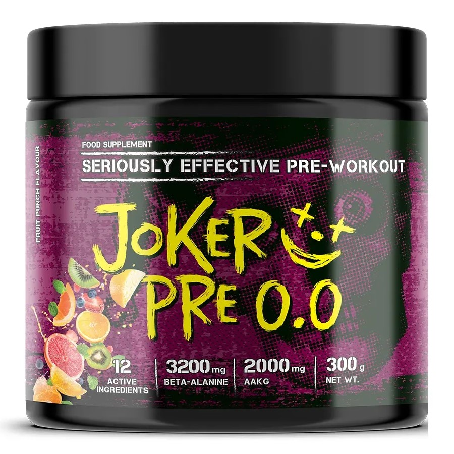 Joker Pre 0.0 Seriously Effective Pre-Workout 300g fruit punch flavour supplement with 12 active ingredients, 3200mg beta-alanine, and 2000mg AAKG, in a black and purple container.