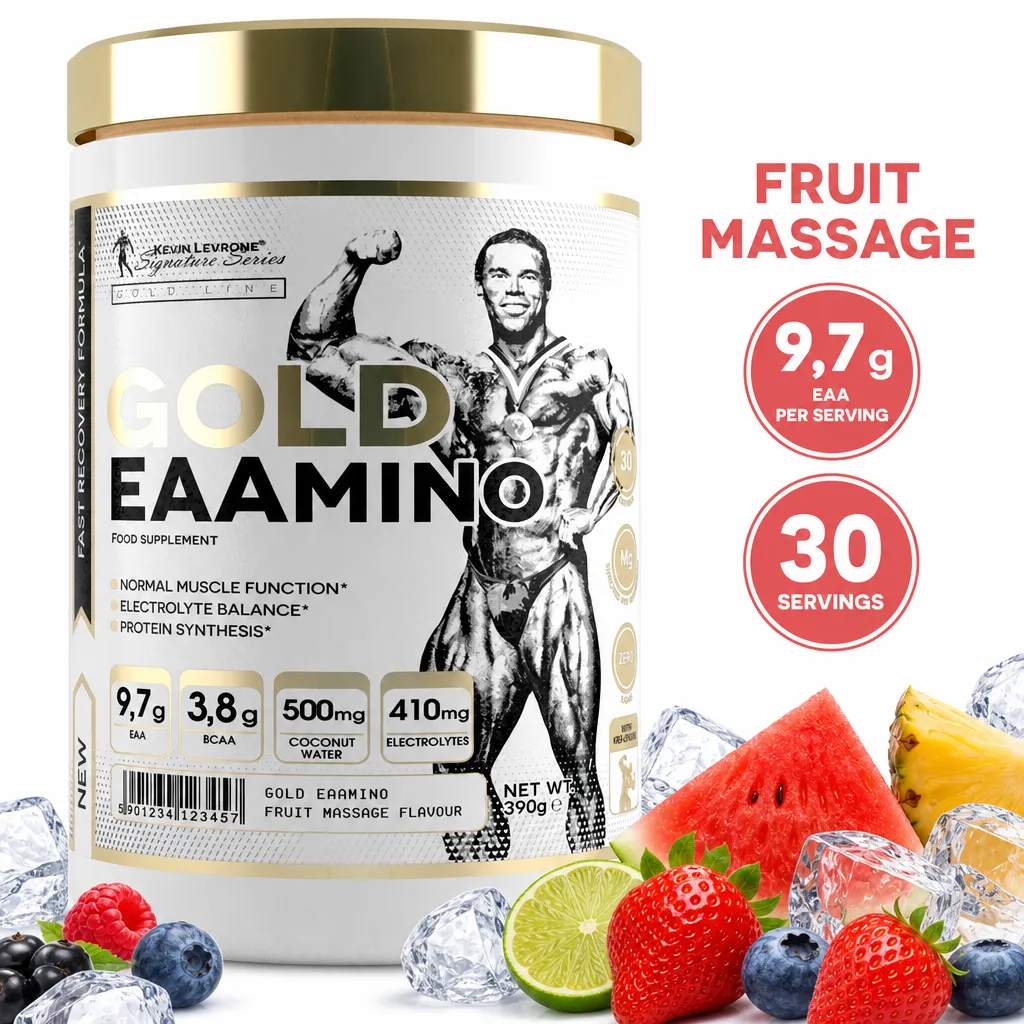 Kevin Levrone Signature Series Gold EAAmino, 390g Fruit Massage essential amino acid powder with electrolytes and coconut water.