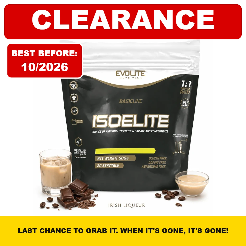 Evolite IsoElite 500g Irish Liqueur whey protein supplement in a dark charcoal pouch