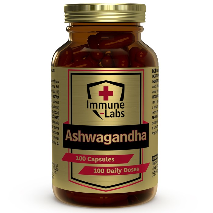 Immune Labs Ashwagandha 100 capsules herbal supplement in a brown bottle with gold label, designed to support wellness and stress relief, 100 daily doses.