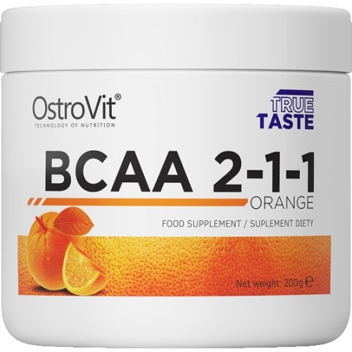OstroVit BCAA 2-1-1 Orange 200g is a branched-chain amino acid supplement with orange flavour, designed for athletes and active individuals, in a white tub with orange graphics.