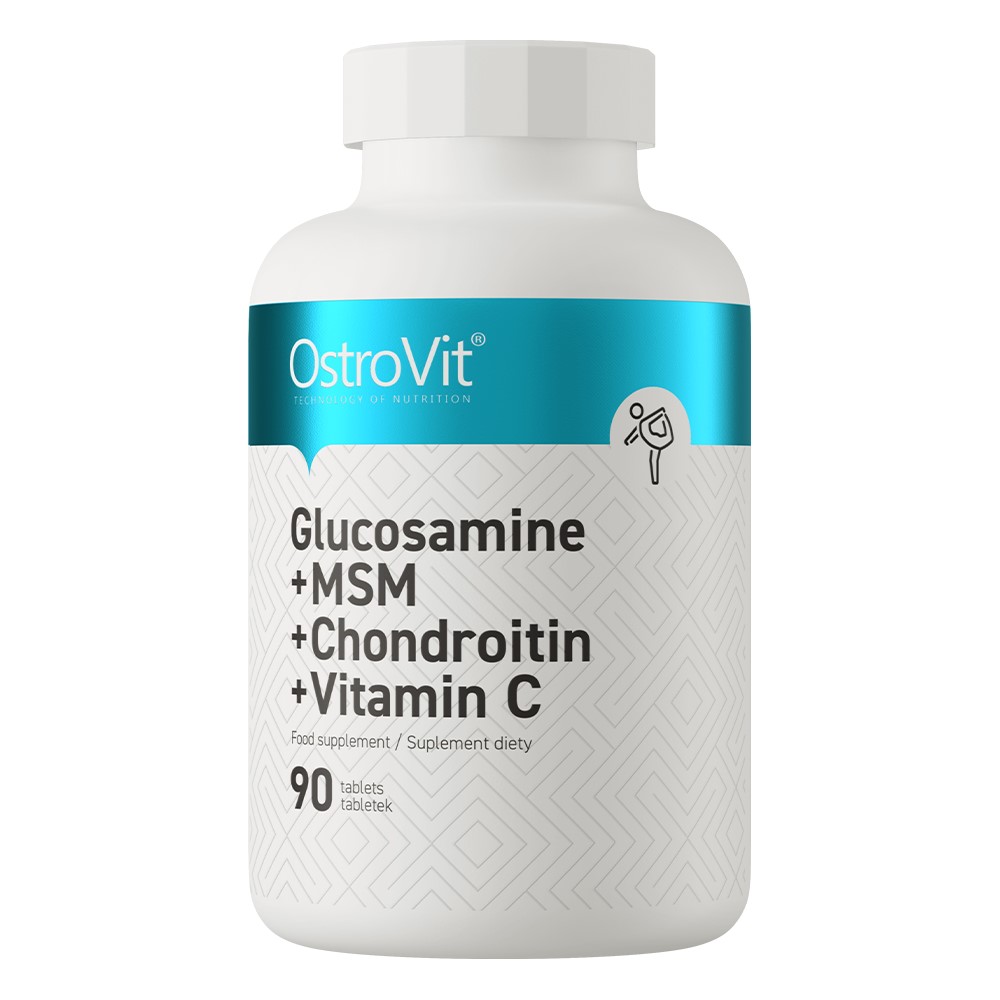 OstroVit Glucosamine + MSM + Chondroitin + Vitamin C joint support supplement, 90 tablets, white bottle with blue label.