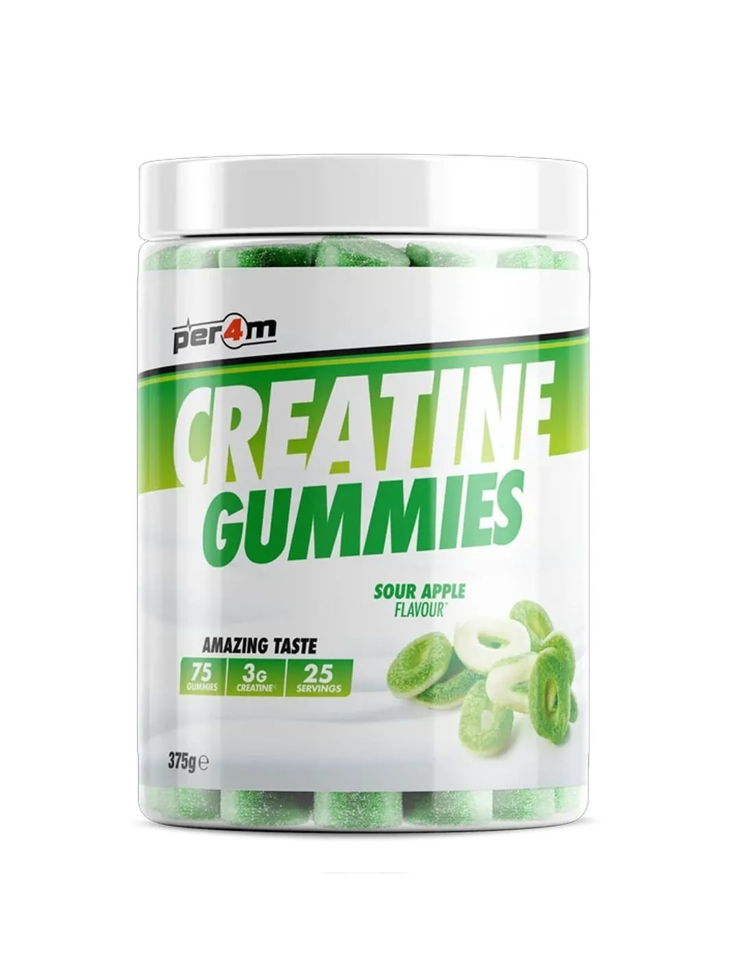 Per4m Creatine Gummies in sour apple flavour, 75 green chewable gummies in a 375 g tub.