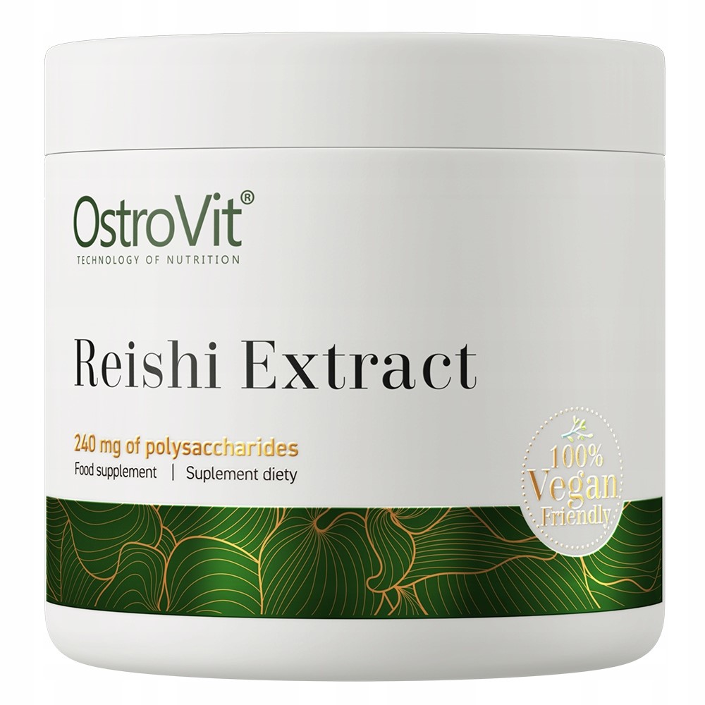 OstroVit Reishi Extract food supplement with 240 mg of polysaccharides, 100% vegan friendly, in a white and green container.