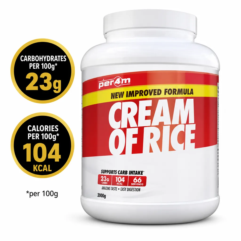 Per4m Cream of Rice 2000g carbohydrate supplement in a white tub, featuring a red and yellow label and rice flour formula