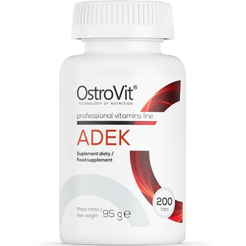 OstroVit ADEK 200 Tabs professional vitamins line dietary supplement, 200 tablets, white bottle with red accents.