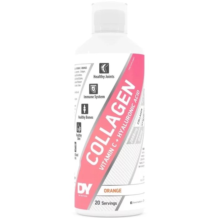 DY Collagen Vitamin C + Hyaluronic Acid liquid supplement, orange flavour, 20 servings, supports joints, bones, skin, and immune system.