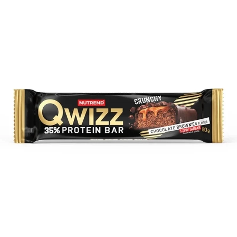 Nutrend Qwizz Protein Bar, a 60 g crunchy chocolate brownie flavour bar in black and gold packaging, marked 35% protein and low sugar.