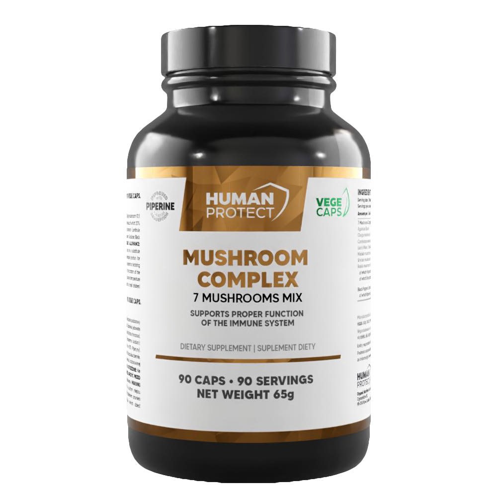 Close-up of Human Protect Mushroom Complex capsules, clear vegan cellulose capsules with powdered contents