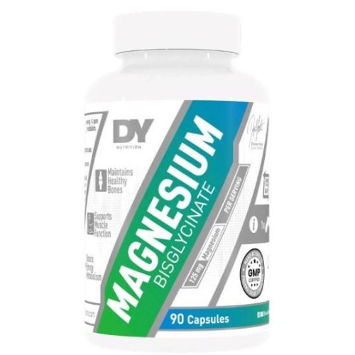 DY Nutrition Magnesium Bisglycinate 90 Capsules dietary supplement, formulated for bone and muscle support, in a white bottle with green and blue label.