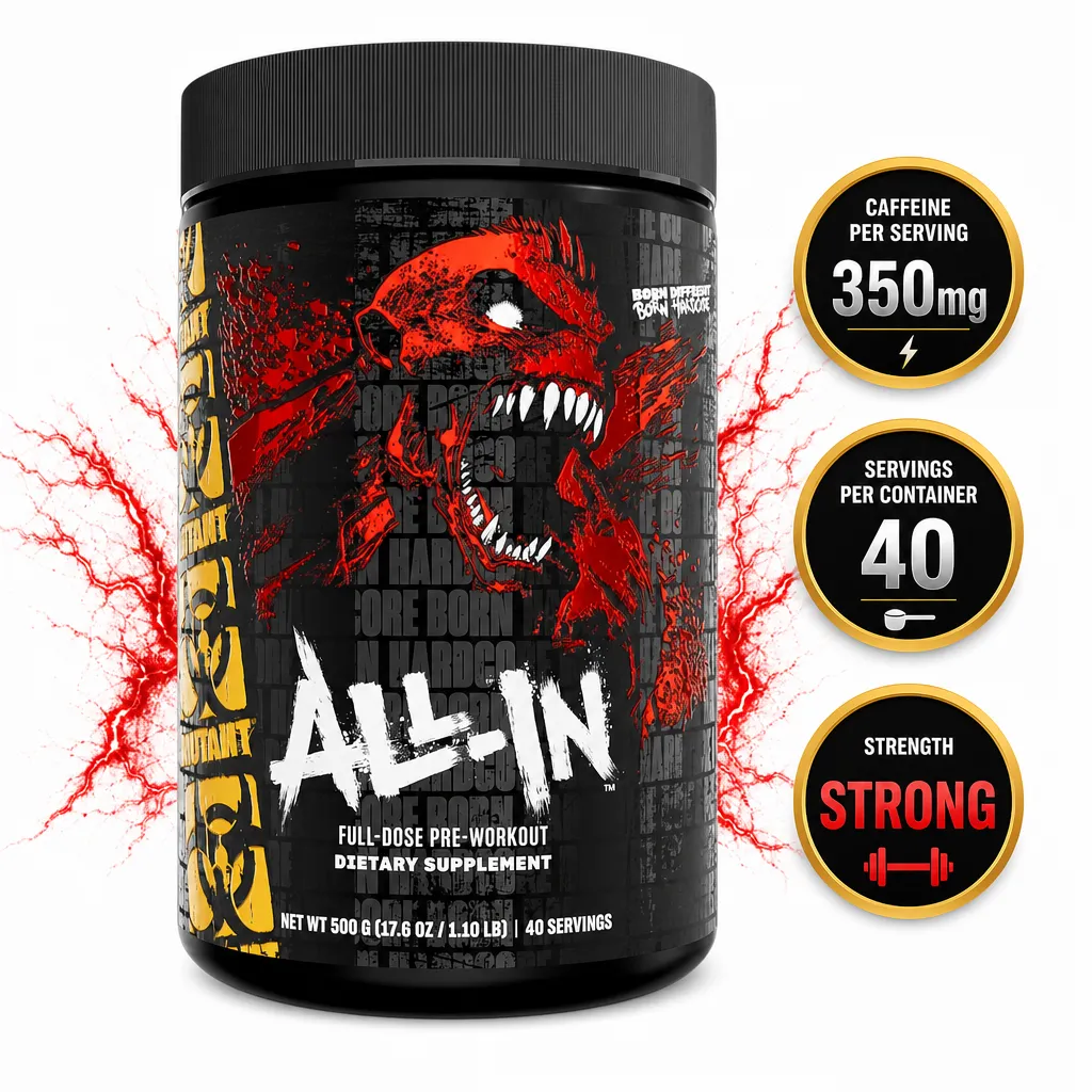 Mutant ALL IN Pre-Workout 40 Servings dietary supplement in a black tub with red dragon artwork and 500 g net weight