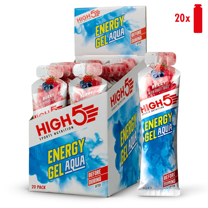High5 Sports Nutrition Energy Gel Aqua Berry 66g x10, water-based energy gel sachets for endurance athletes, berry flavour, easy to consume and caffeine-free.