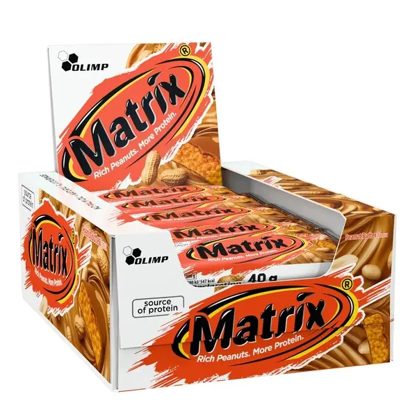 Olimp Matrix Bar 40g peanut butter protein bar with a rich peanut flavour and orange-red branding