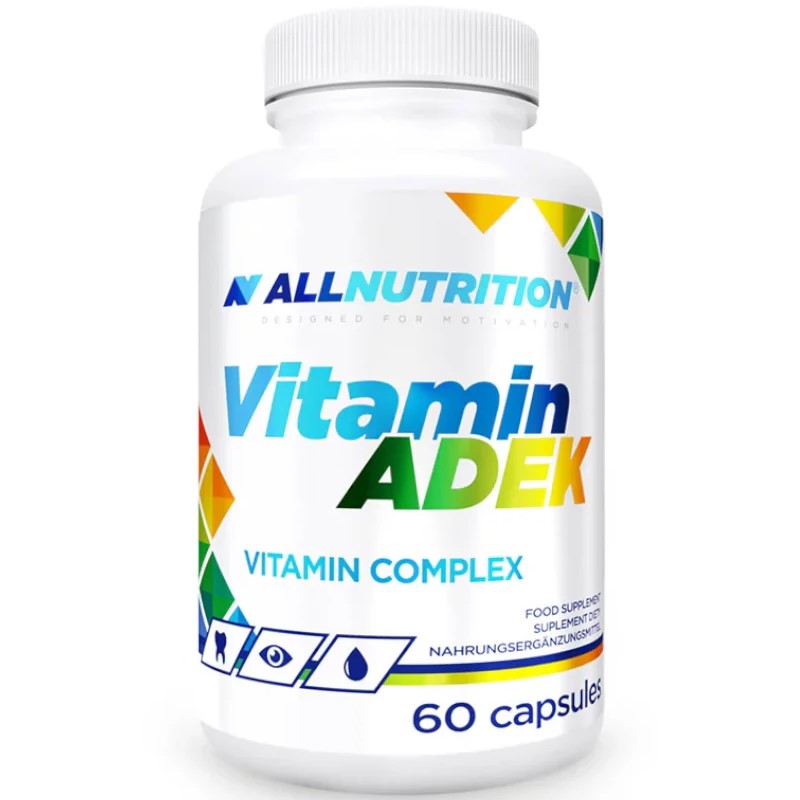 Allnutrition Vitamin ADEK vitamin complex supplement in a white bottle with 60 capsules, multivitamin formula containing vitamins A, D, E, and K.