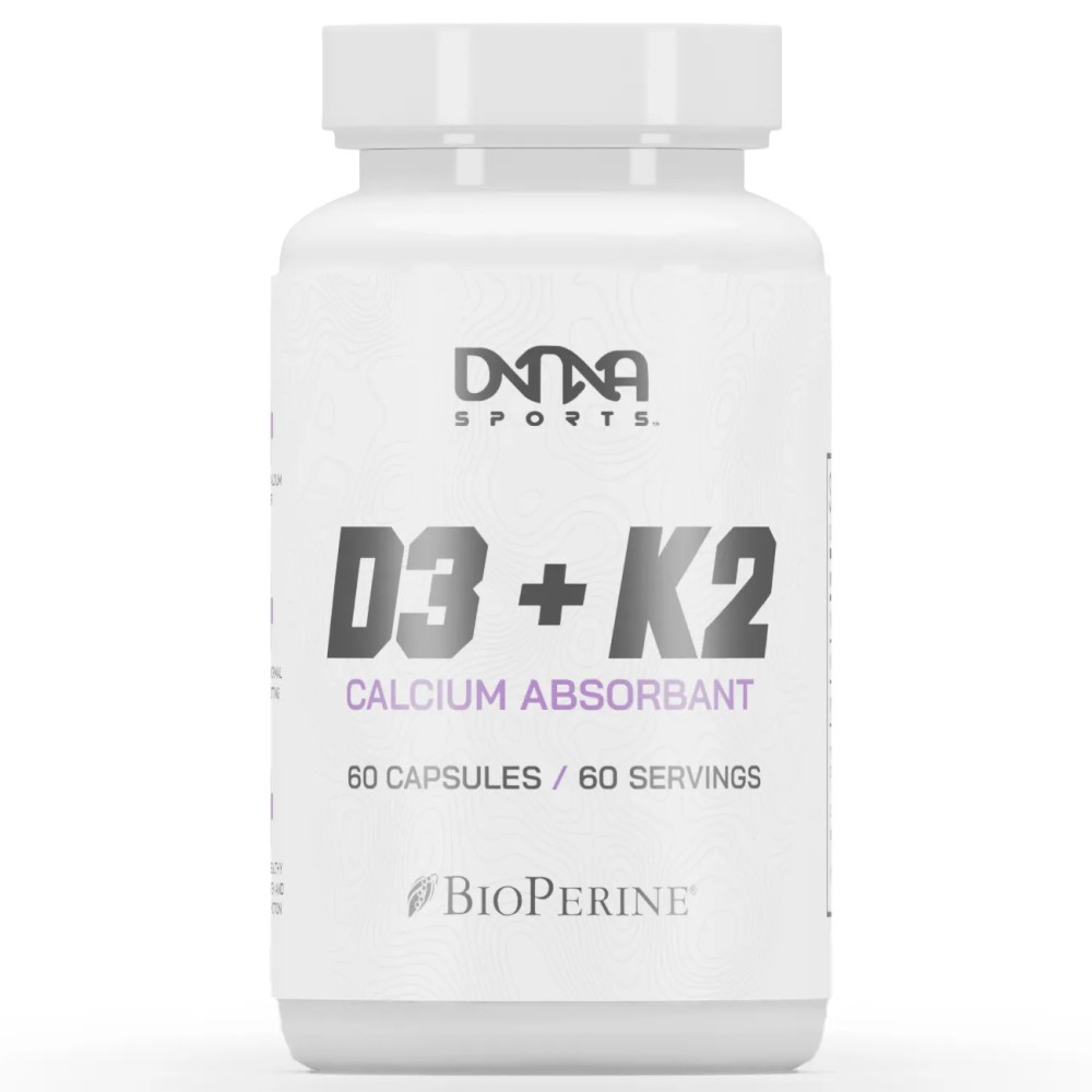 DNA Sports D3 + K2 Calcium Absorbant supplement with BioPerine, 60 capsules for vitamin D3 and K2 support in a white bottle.