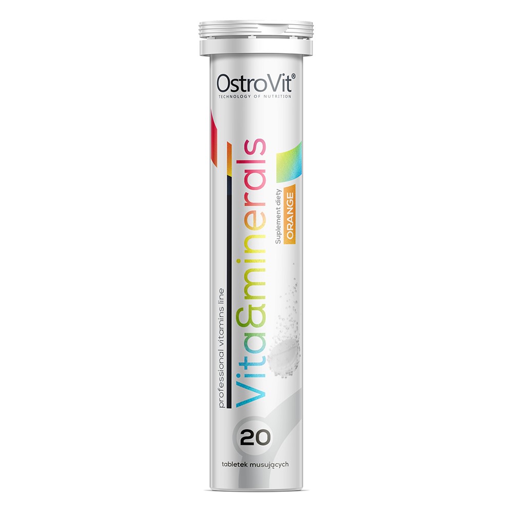 OstroVit Vita&minerals 20 effervescent tablets in orange flavour, a dietary supplement with vitamins and minerals in a white tube packaging.