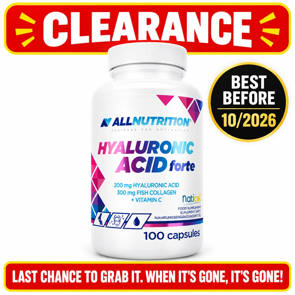 Allnutrition Hyaluronic Acid Forte dietary supplement in a white bottle, 100 capsules, with a best-before date of 10/2026.