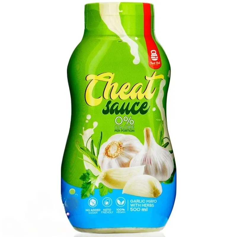 Cheat Meal Cheat Sauce garlic mayo with herbs, 500 ml vegan condiment in a green squeeze bottle