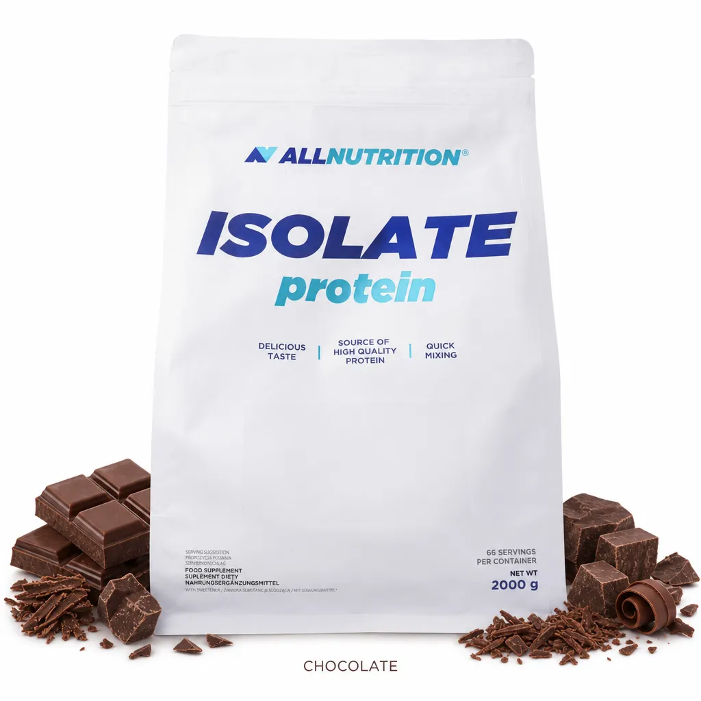 Allnutrition Isolate Protein 2000g chocolate flavour whey protein isolate supplement, high in protein, low in sugar and fat, ideal for muscle recovery.