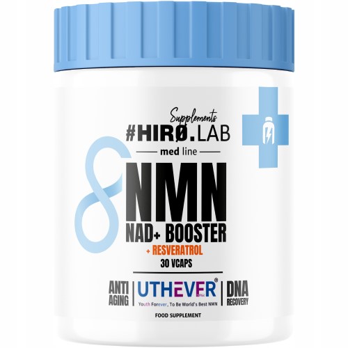 Close-up of Hiro Lab NMN NAD+ Booster + Resveratrol capsules, small white vegetarian capsules on a plain background