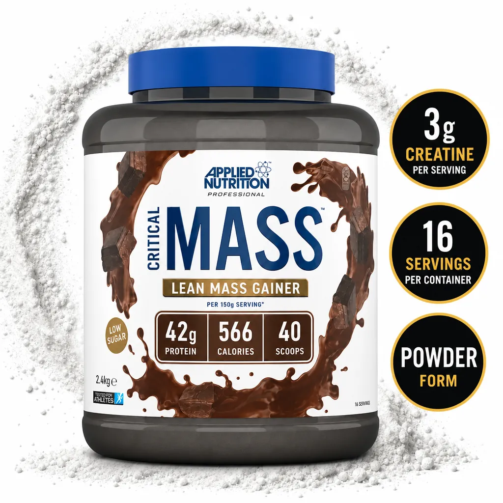Applied Nutrition Critical Mass Professional 2.4kg chocolate mass gainer powder with 42g protein, 566 calories and 3g creatine per serving