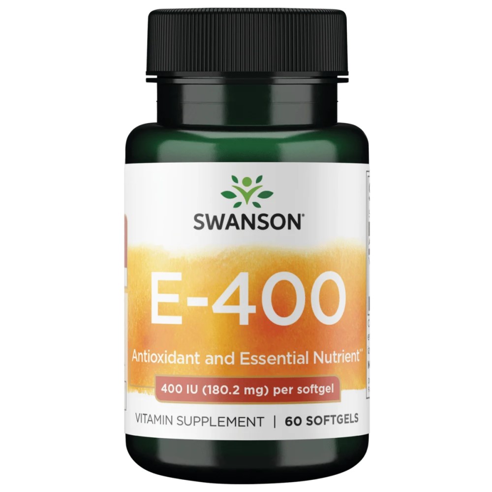 Swanson E-400 vitamin E supplement, 400 IU per softgel, 60 softgels per bottle, antioxidant and essential nutrient, green bottle with black cap.