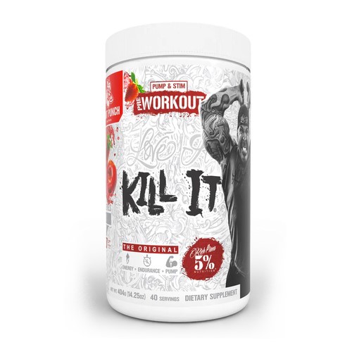 5% Nutrition Kill It The Original Pre-Workout supplement, 40 servings, dietary supplement with pump and stim formula, white container featuring Rich Piana illustration.