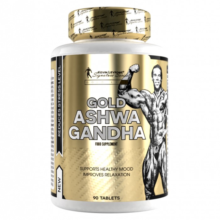 Kevin Levrone Gold Ashwagandha food supplement, 90 tablets, supports healthy mood and relaxation, gold and white packaging with bodybuilder illustration.