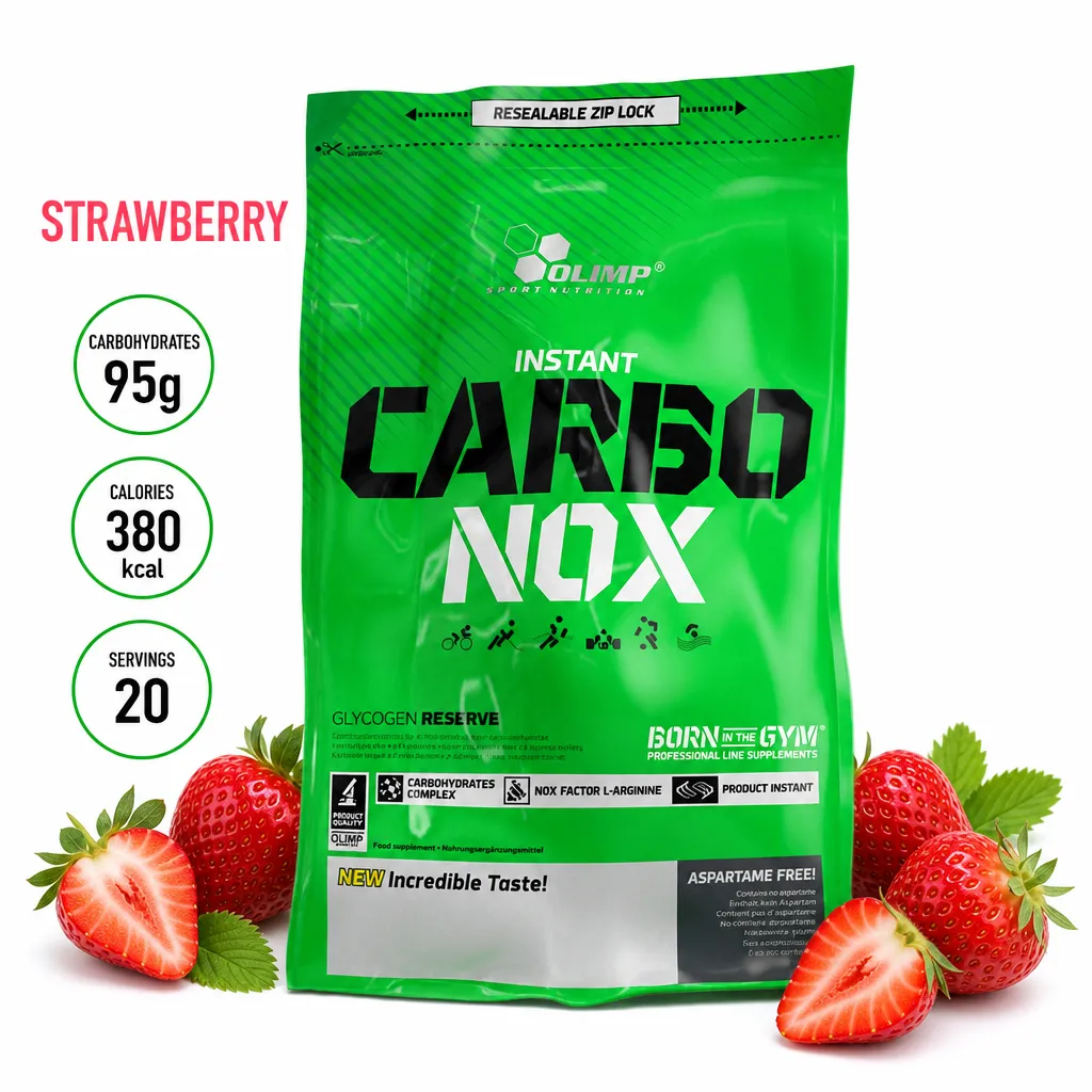Olimp Nutrition Carbo-Nox 1000g strawberry flavor carbohydrate powder for athletes, featuring a green resealable pack and fresh strawberries, ideal for energy and recovery.