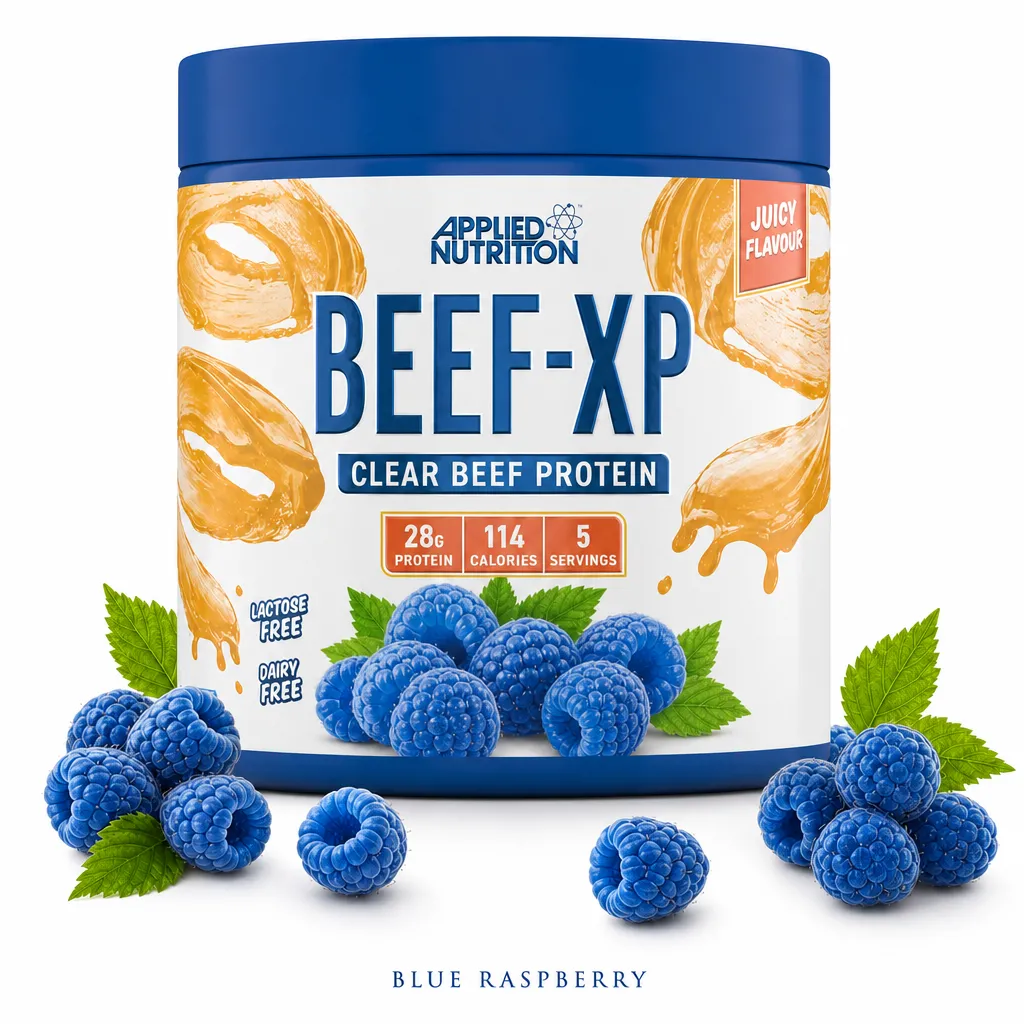 Applied Nutrition Beef-XP 150g is a blue raspberry clear beef protein supplement in a white tub with a blue lid