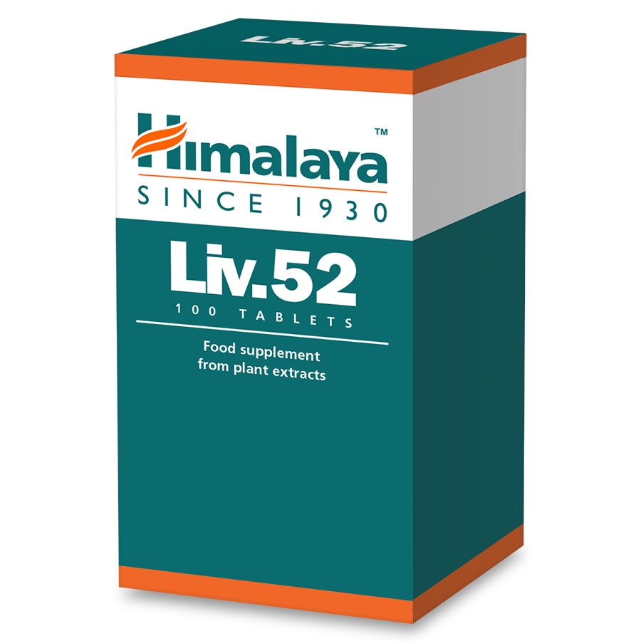 Himalaya Liv.52 100 tablets, a food supplement made from plant extracts, in a teal and orange box packaging.