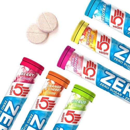 High5 Zero Electrolyte Tabs in assorted flavours including berry, orange & cherry, citrus, pink grapefruit, tropical, and neutral, shown in colourful tubes with two effervescent tablets visible.