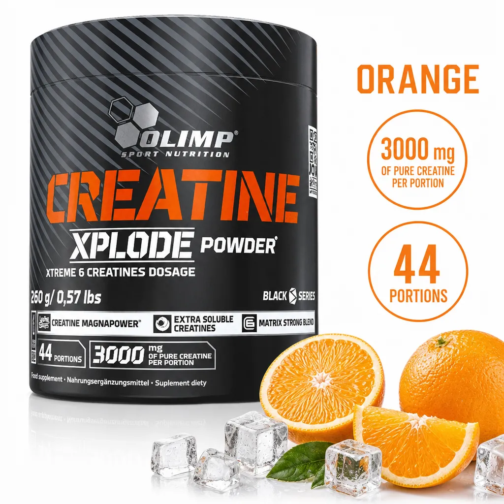 Olimp Creatine Xplode 260g orange-flavoured creatine powder supplement in a black tub with 44 portions