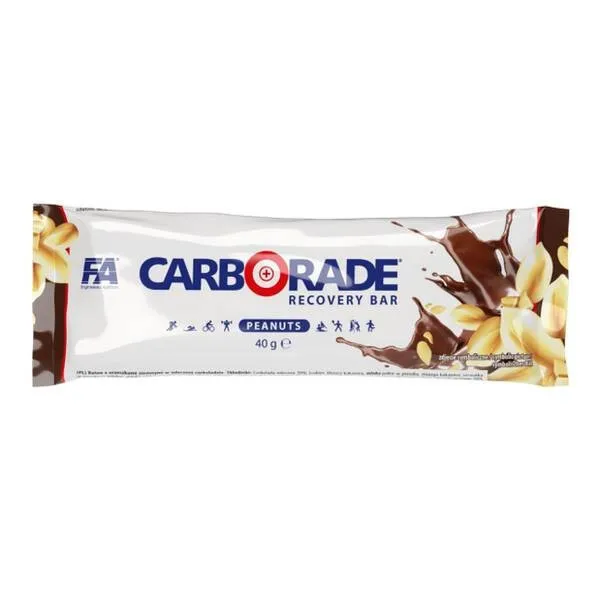 FA Nutrition Carborade Recovery Bar Salted Peanuts Caramel 40g features a milk chocolate-coated bar with visible peanuts, designed for post-workout recovery.