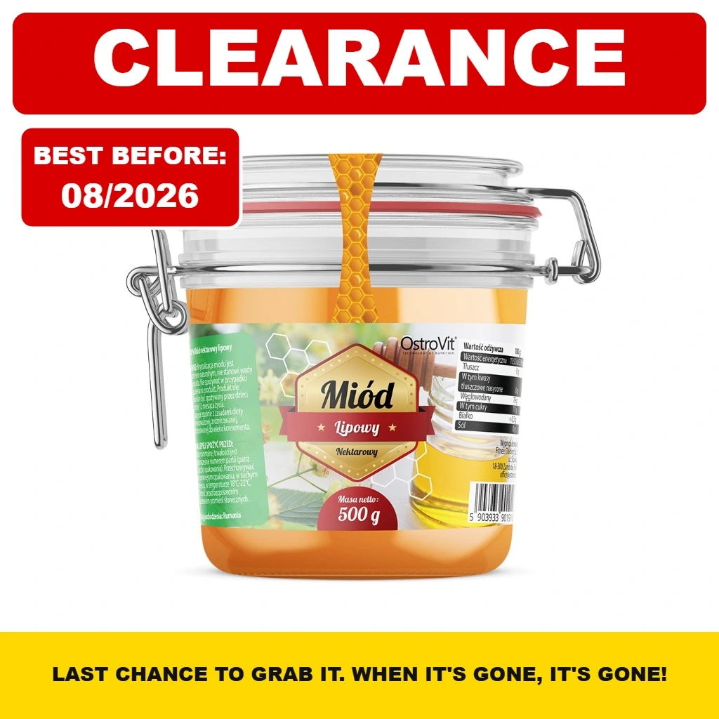 OstroVit Linden Honey 500g linden-flower honey in a clear clasp-top jar with amber honey