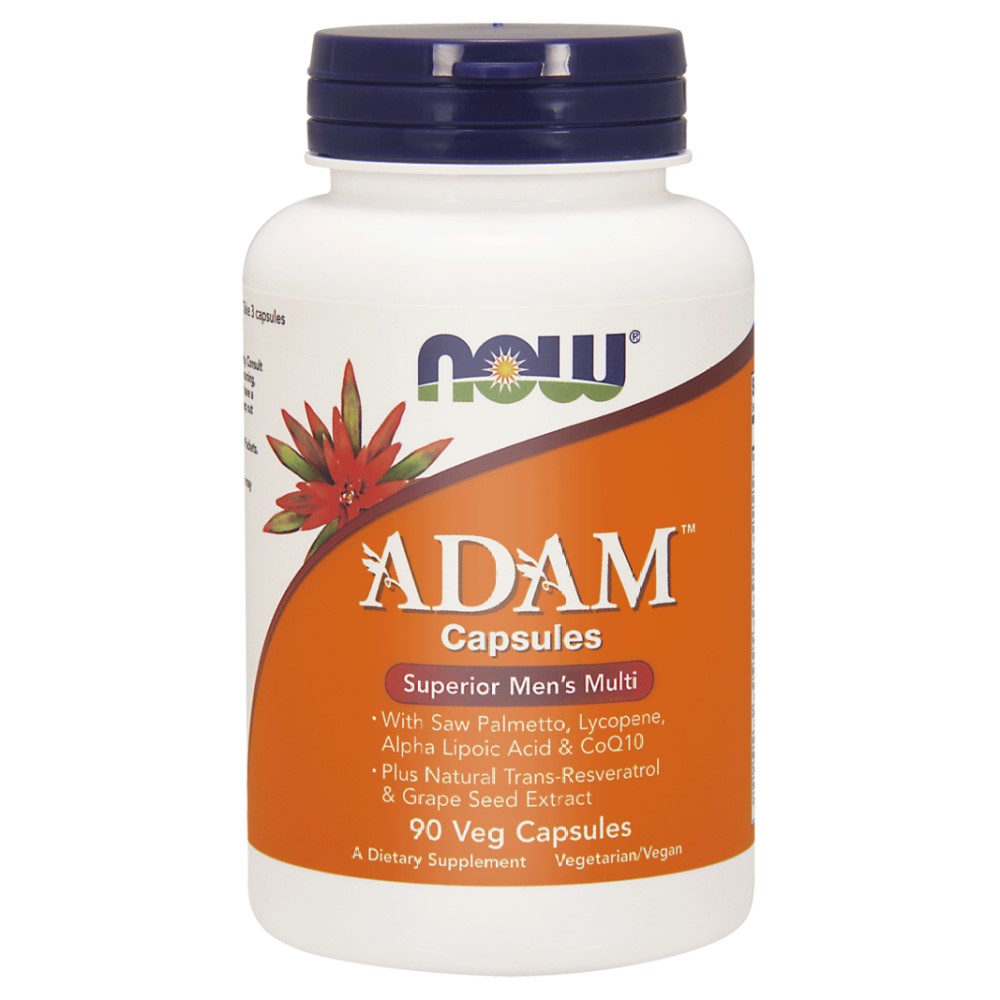 NOW Adam Capsules 90 veg capsules, a superior men's multi dietary supplement with saw palmetto, lycopene, alpha lipoic acid, CoQ10, resveratrol, and grape seed extract, suitable for vegetarians and vegans.