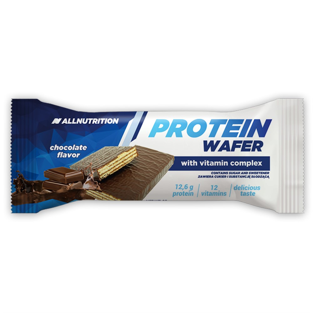 Allnutrition Protein Wafer chocolate flavor protein snack bar with vitamin complex, featuring 12.6g protein and 12 vitamins, in a blue and white wrapper.