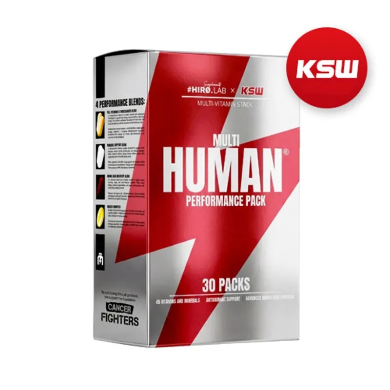 Hiro Lab Multi Human Performance KSW supplement pack with multivitamins and minerals, 30 daily packs in red and silver packaging