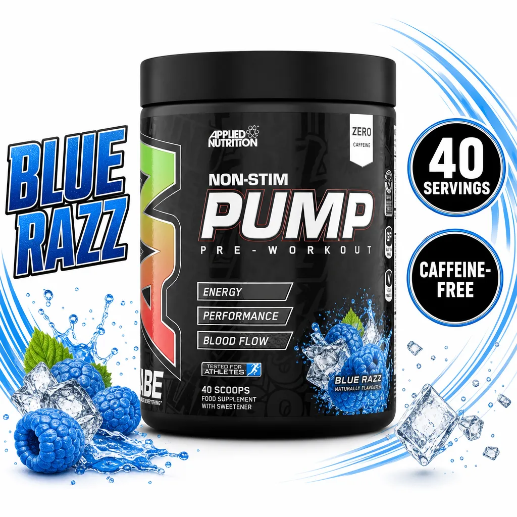 Applied Nutrition ABE Pump 500g is a Blue Razz non-stimulant pre-workout powder with 40 servings and caffeine-free formula