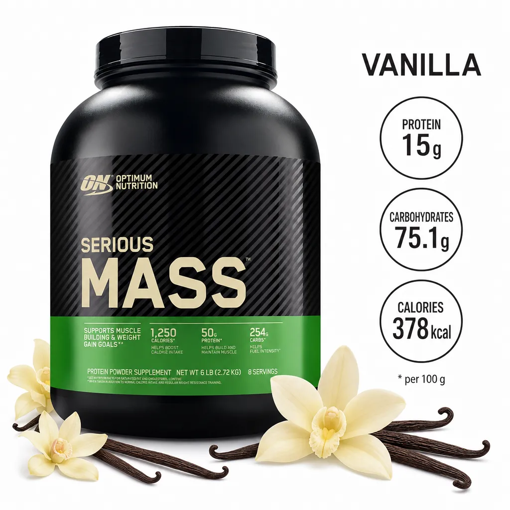 Optimum Nutrition Serious Mass 2730g vanilla mass gainer supplement with high protein, carbohydrates, and calories, ideal for muscle building and weight gain.