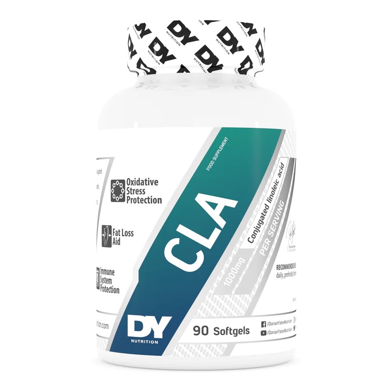 Dorian Yates CLA 1000mg 90 Softgels bottle with branded label, likely white or dark, containing 90 softgel capsules