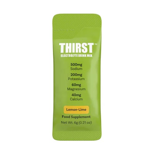 Thirst Electrolyte Drink Mix Lemon-Lime 6g single-serve sachet, food supplement with sodium, potassium, magnesium, and calcium, in a green packet.