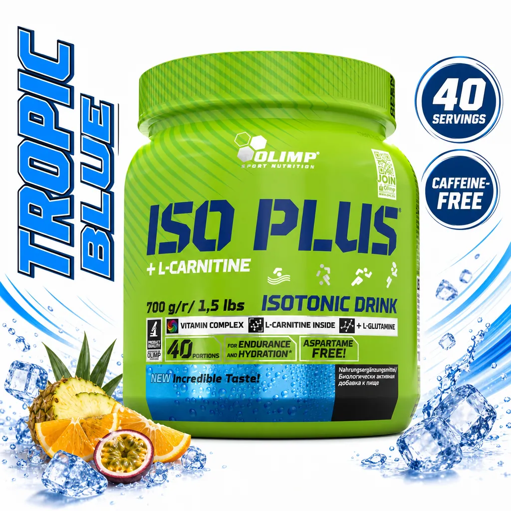 Olimp Iso Plus Powder 700g isotonic drink powder with L-carnitine, 40 servings, in a bright green tub