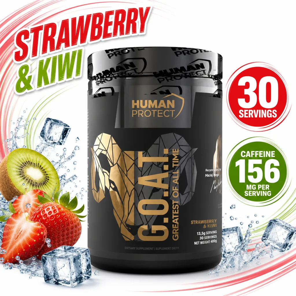 Human Protect G.O.A.T. 400g strawberry and kiwi pre-workout powder supplement with 30 servings and 156mg caffeine per serving