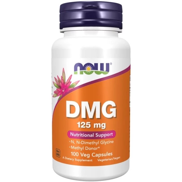 NOW Foods DMG Dimethylglycine 125mg 100 Vege Caps bottle with white label and orange accents, 100 vegetarian capsules