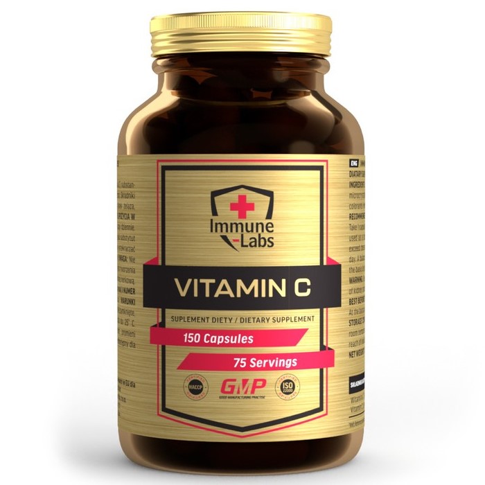 Immune Labs Vitamin C dietary supplement, 150 capsules per bottle, providing 75 servings, in a brown bottle with a gold label and red accents.