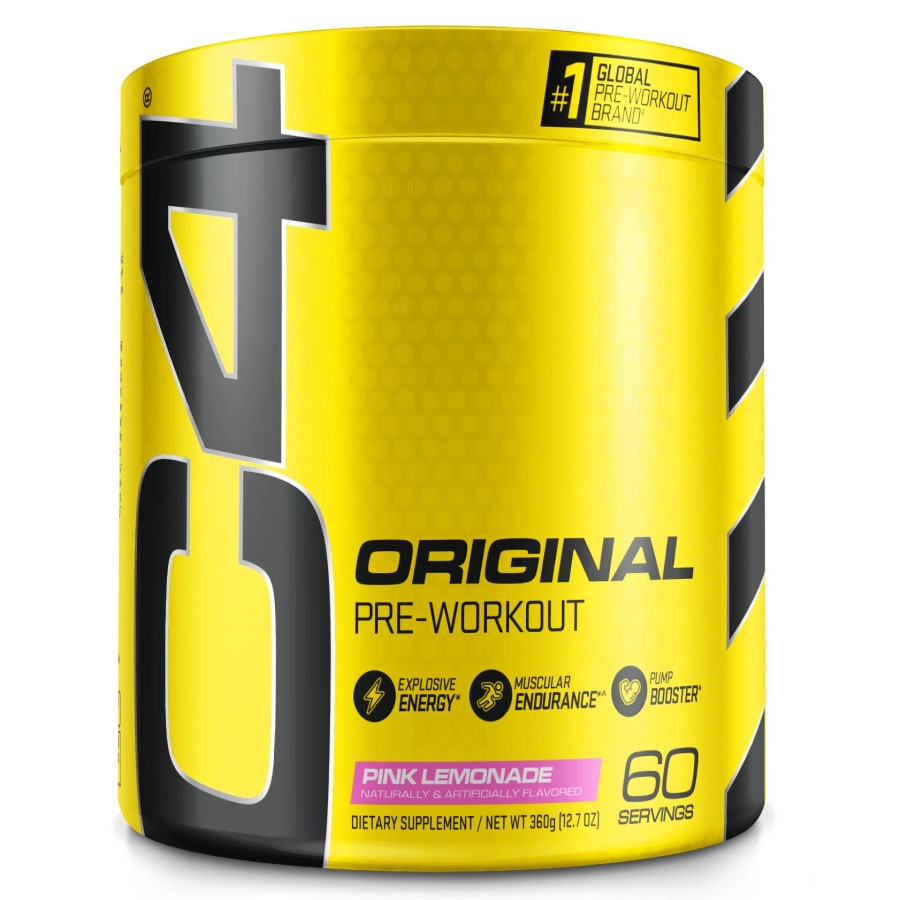 Cellucor C4 Original Pre-Workout supplement, pink lemonade flavor, 60 servings, in a bright yellow container, popular for energy and endurance support.